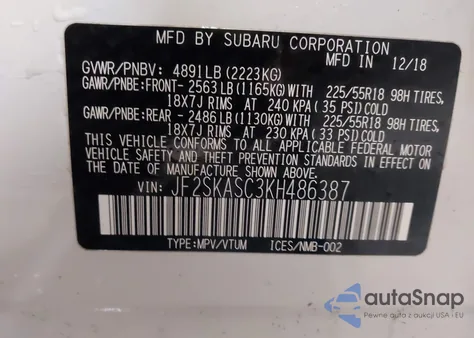 2019 Subaru Forester Limited from USA, damaged, VIN JF2SKASC3KH486387